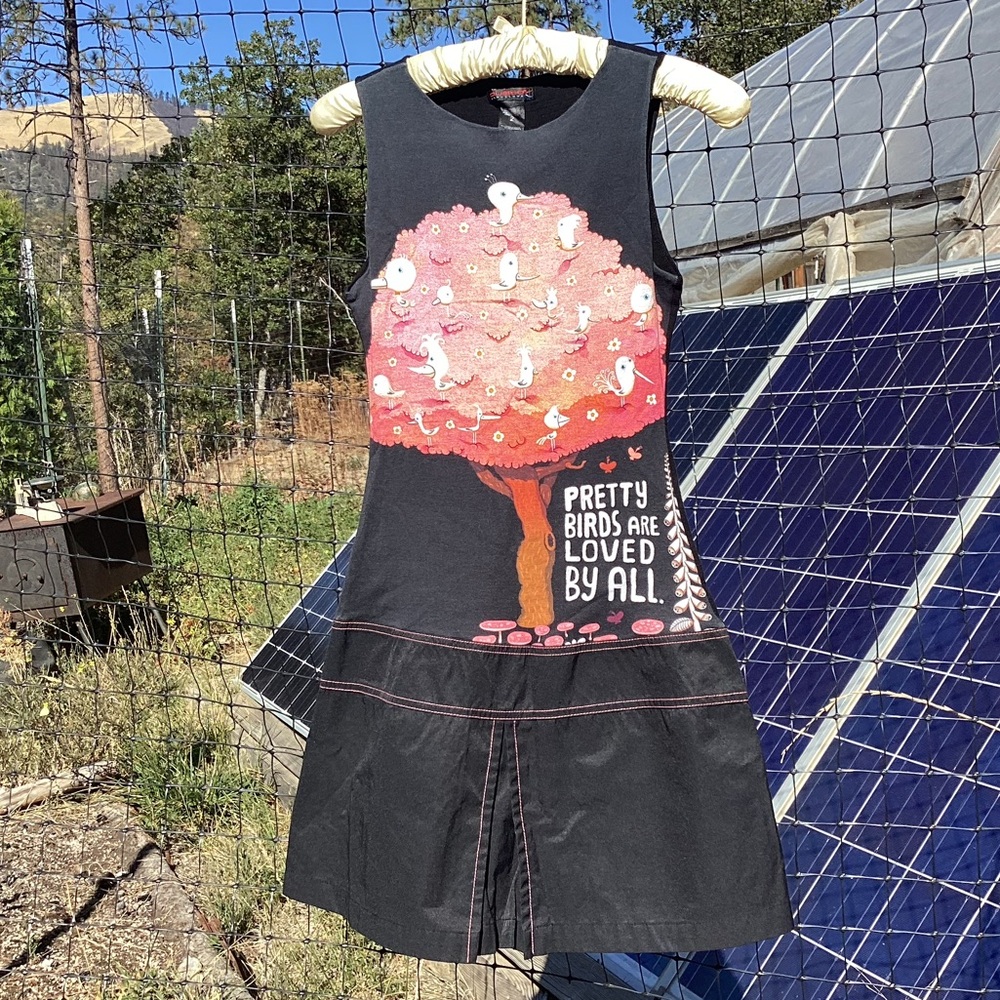 🍄Rare Custo Mushroom Birds Tree Art to Wear Black Mini Dress Sz 2 Boho Hippie - Picture 1 of 4